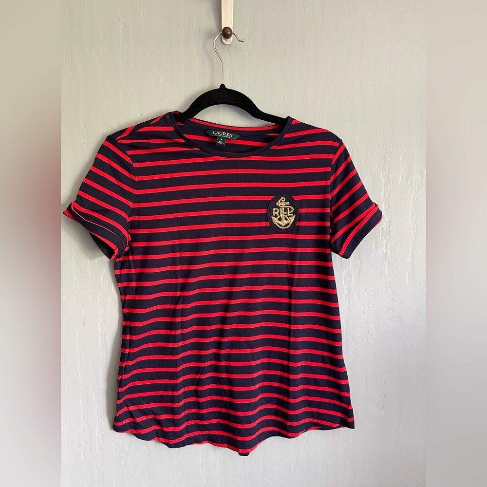 Lauren Ralph Lauren Navy and Red Striped Tee Women’s Small Short Sleeve